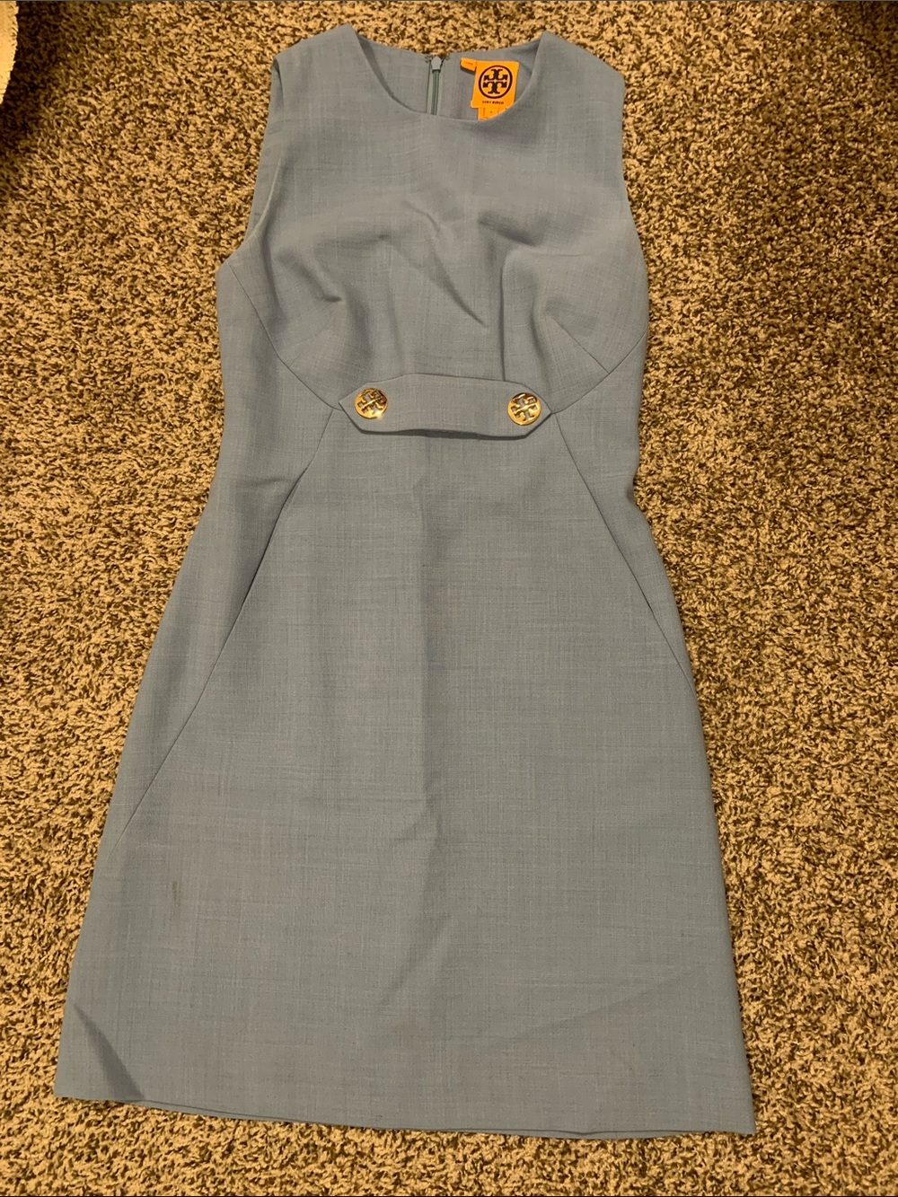 Tory Burch Powder Blue Sleeveless Midi Sheath Dress with Gold Buttons